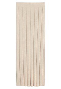 Jupe midi en tricot beige clair avec des plis verticaux, texture lisse et une taille élastique pour un confort optimal.