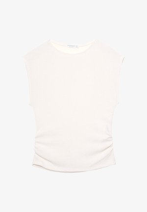 Lätt, krämfärgad topp med korta ärmar, rund halsringning och samlad detaljer på sidan för en figurnära siluett.