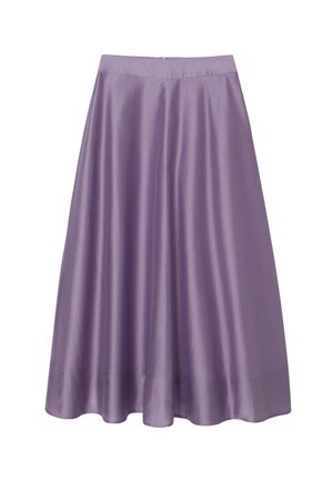 Lila satijnen A-lijn midirok met een nauwsluitende tailleband en een gladde, vloeiende stof.