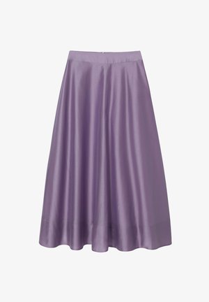 Lila satijnen A-lijn midirok met een nauwsluitende tailleband en een gladde, vloeiende stof.