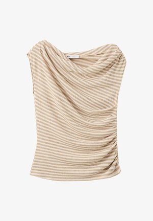 Haut sans manches rayé beige et blanc avec encolure drapée et détail froncé sur le côté.