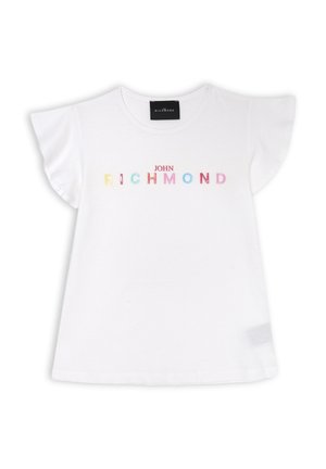 T-shirt bianco in cotone con maniche corte a soffietto. Presenta lettere multicolori che formano la scritta "JOHN RICHMOND" sulla parte anteriore.