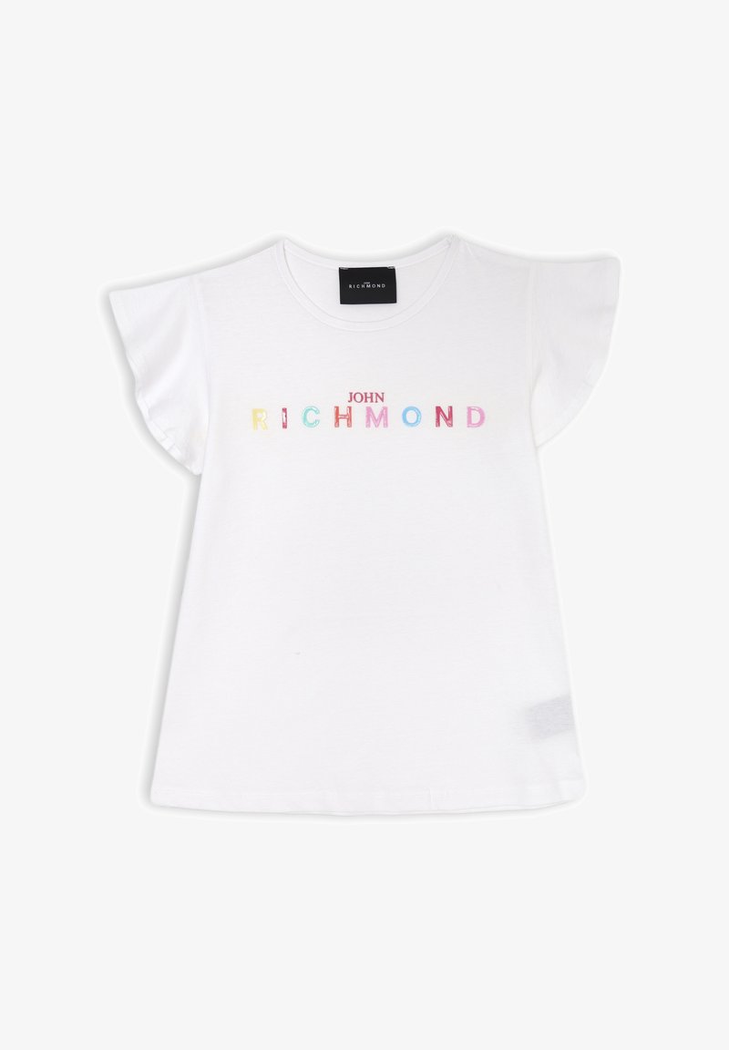 T-shirt bianco in cotone con maniche corte a soffietto. Presenta lettere multicolori che formano la scritta "JOHN RICHMOND" sulla parte anteriore.