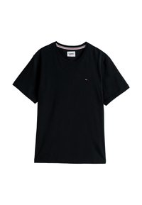 Camiseta de algodón negra de manga corta y cuello redondo. Presenta un pequeño logo bordado en rojo, blanco y azul en el pecho izquierdo.
