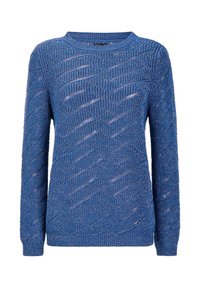 Blauer Strickpullover mit einem strukturierten Muster, diagonalen Ausschnitten und einem runden Halsausschnitt. Lange Ärmel und gerippte Bündchen runden das Design ab.