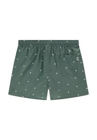 Shorts de bain verts avec une texture légère. Caractéristiques de motifs floraux blancs, d'une taille élastique et d'une poche latérale.