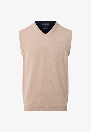 Beige ärmelloser Strickpullover mit V-Ausschnitt, ausgestattet mit einem gerippten Saum und Ausschnitt. Glatte Textur, semi-fitted Design.