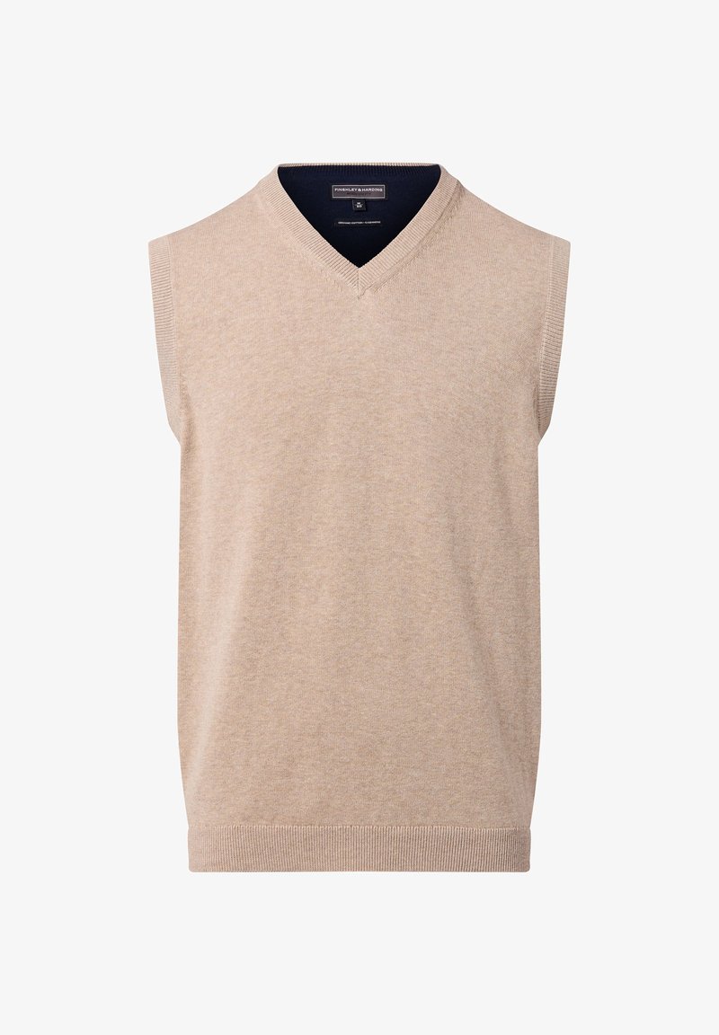 Beige ärmelloser Strickpullover mit V-Ausschnitt, ausgestattet mit einem gerippten Saum und Ausschnitt. Glatte Textur, semi-fitted Design.