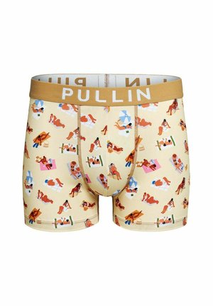 Boxers beige pour hommes avec ceinture marron et logo "PULLIN", imprimés avec de petites illustrations colorées de personnes en train de bronzer et de se détendre.