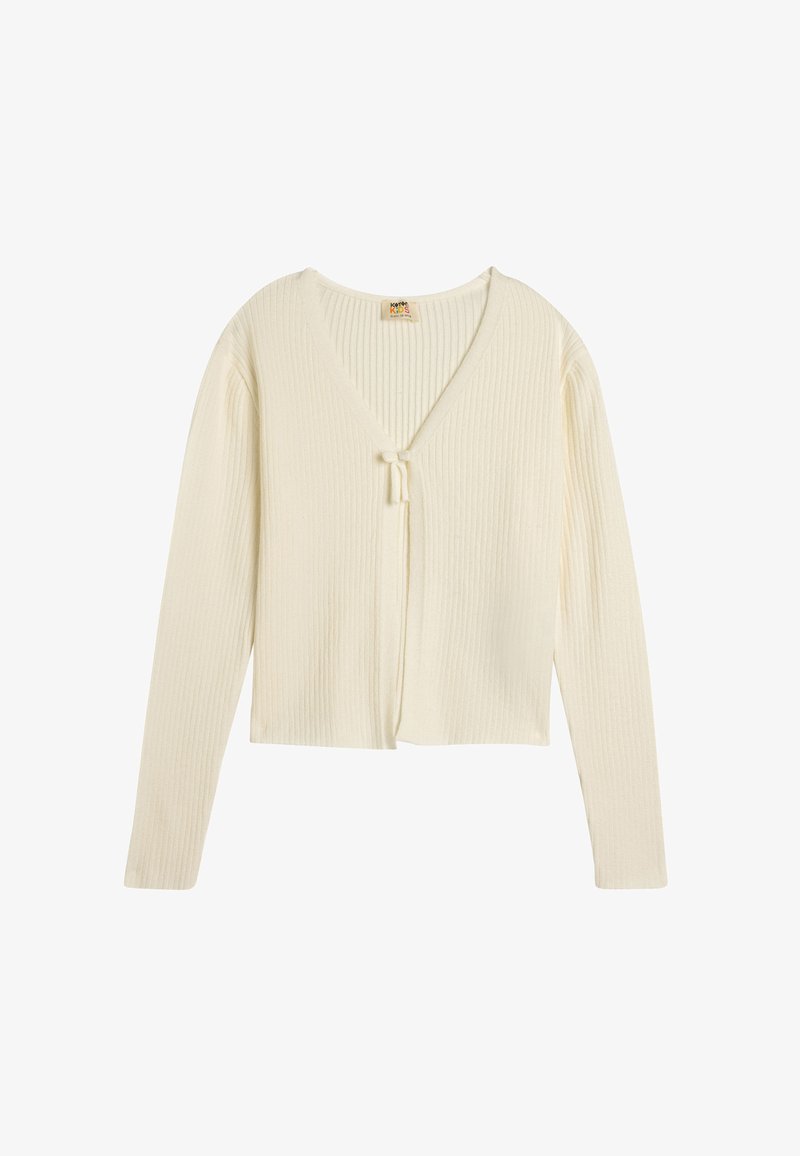 Rippstrick-Cremekardigan mit langen Ärmeln, V-Ausschnitt, vorderem Bindeband und cropped Saum. Weiche Textur und dezentes Muster über die gesamte Fläche.