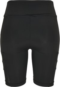 Shorts de sport noirs à taille haute, longueur mi-cuisse, avec poches latérales, conçus pour les vêtements de sport.
