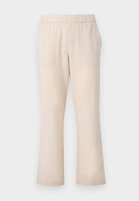 Beige leveled pants, joissa on joustava vyötärö, kaksi etutaskua ja sileä puuvillapinta. Ei näkyviä kuvioita tai metalliosia.