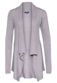 Ljusgrå cardigan med öppen framsidan, ribbad textur, långa ärmar och flödande fåll. Tillverkad av ett mjukt stickat tyg.