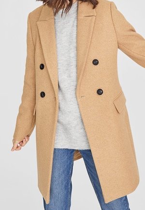 Femme portant un manteau croisé couleur camel sur un pull gris clair et un jean bleu, debout devant un fond uni.