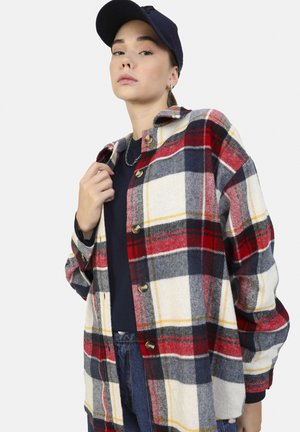 Red, blue, and white plaid flannel shirt with gold buttons and a relaxed fit. Worn over a dark top, paired with denim jeans and a cap.