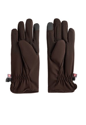 Para brązowych rękawiczek z teksturowanymi kropkami zwiększającymi chwyt i czarnymi końcówkami palców wskazujących kompatybilnymi z ekranami dotykowymi, elastyczne mankiety i małe czerwone metki.