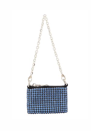 Kleine rechteckige Handtasche mit schwarzem Lederboden und blauen Kristallverzierungen. Silberne Kettenriemen und Reißverschluss oben.