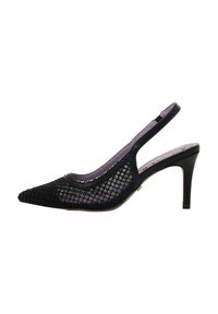 Pompa slingback nera con punta a punta, tomaia in rete testurizzata, rifiniture in pelle nera, fodera interna viola e tacco affusolato di 7,5 cm.