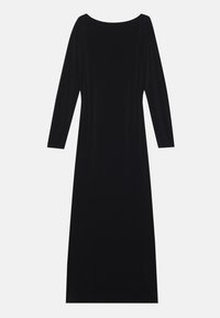 Svart langermet kjole med rund hals, laget av mykt stoff. Har en bølgende silhuett og minimalistisk design uten mønstre.