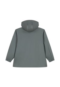 Gray waterproof jacket featuring a hood, elastic cuffs, and a loose fit. The design is smooth with no visible patterns or accents.