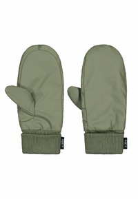 Olive green mittens made of padded, water-resistant material. Ribbed knit cuffs for a snug fit, featuring a side pocket for added detail.