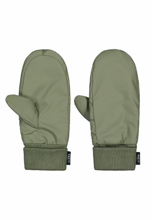 Olive green mittens made of padded, water-resistant material. Ribbed knit cuffs for a snug fit, featuring a side pocket for added detail.
