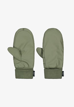 Olive green mittens made of padded, water-resistant material. Ribbed knit cuffs for a snug fit, featuring a side pocket for added detail.