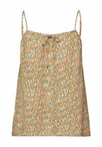 Top sans manches pour femme avec des bretelles fines ajustables, base verte olive, et taches abstraites orange, blanches et teal dispersées, nœud attaché au niveau du décolleté.