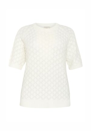 Lyhythihainen, valkoinen neulepaita, jossa on timanttikuosiset, pyöreä pääntie ja ribbaus hihansuissa. Pehmeä rakenne ja kevyt muotoilu.