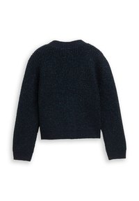 Dunkelblauer, gestrickter Pullover mit einem strukturierten Rippenmuster, rundem Kragen und langen Ärmeln. Weicher Stoff mit dezenten Schimmerakzenten.