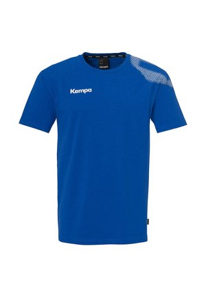 Blauwe korte mouwen t-shirt gemaakt van een katoenmix, met een textuurpatroon in het wit op de rechter schouder en een wit merkembleem.