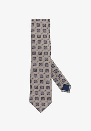 Krawat w marynarskie wzory z geometrycznym wzorem kwadratów na beżowym tle; wykonany z gładkiego materiału o sztywnym kształcie.