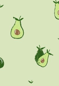 Muster mit verschiedenen grünen Avocados auf einem hellgrünen Hintergrund. Avocados zeigen braune Kerne und grüne Blätter, mit einem strukturierten, handgezeichneten Stil.