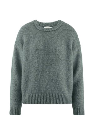 Grauer, gestrickter Pullover mit Rundhalsausschnitt, lockerer Passform und gerippten Bündchen sowie Saum. Weiche Textur und mittleres Gewicht für Wärme.