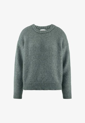 Maglione grigio a maglia con collo rotondo, vestibilità rilassata e polsini e fondo a coste. Tessuto morbido e pesantezza media per il calore.