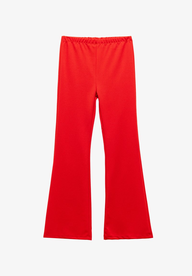 Red, stretchy flared pants with an elastic waistband. Smooth texture, full-length design with a wide leg opening. Suitable for casual wear.