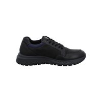 Black low-top sneaker with lace-up front, padded collar with blue mesh detail, and thick cushioned sole.