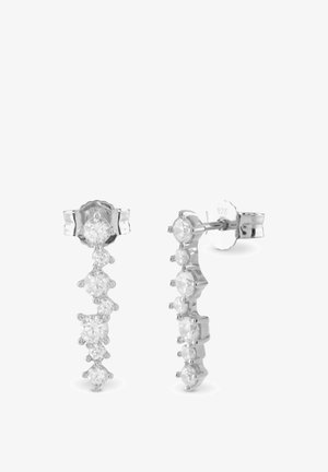 Silver-tone earrings featuring a line of clear gemstones arranged in descending size, with a circular stud at the top.