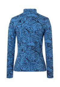 Blue long-sleeve top with a high collar featuring a black floral and leaf pattern. Made from a soft, stretchable fabric.