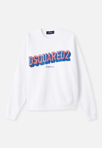 Hanorac alb cu un design vibrant de text din glitter albastru și roz "DSQUARED2 (PUFFY)" pe partea din față. Guler clasic tip crew și mâneci lungi.