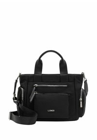 Borsa a mano in tessuto nero con materiale in nylon, doppi manici superiori, tracolla staccabile, molteplici tasche con zip e decorazioni in metallo color argento.