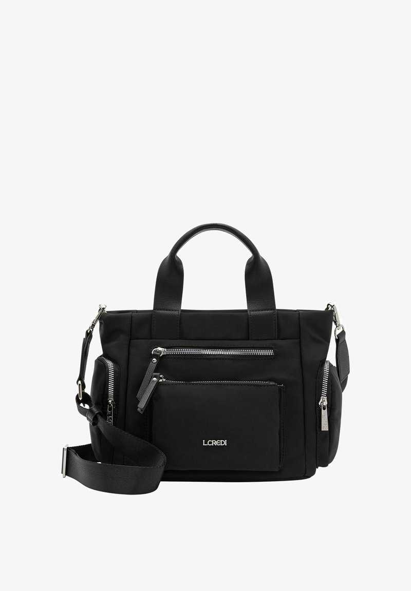 Sac à main en tissu noir avec un matériau en nylon, poignées supérieures doubles, bandoulière amovible, plusieurs poches zippées et ferrures en ton argent.