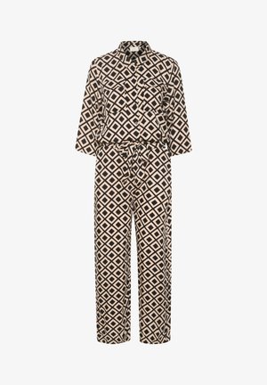 Mustriga kombinesoon mustas ja beežis. Omab kraega kaelust, nööbitamist, kahte rinna taskut ja seotud vöökohta. Lai jalgade disain.