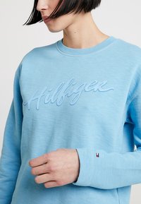 Sudadera azul clara hecha de un tejido suave, con un logo en relieve "Hilfiger" en un color a juego y un pequeño detalle de bandera en el puño.
