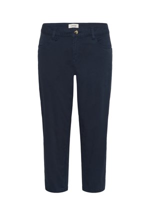 Dark navy blue cropped pants with belt loops, front button, zipper closure, and side pockets, displayed on a white background.