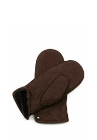 Braune Wildlederhandschuhe mit einem weichen Innenfutter, abgerundeten Spitzen und sichtbaren Nähdetails; ein kleines dekoratives Metallakzent an der Seite.