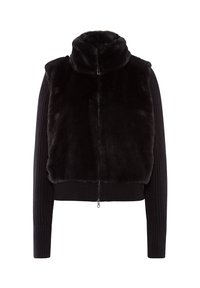 Zwarte zip-up jas met pluizige imitatiebonten voorkant en hoge kraag, gebreide lange mouwen en geribbelde onderzijde op een witte achtergrond.