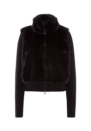 Black zip-up jacket with plush faux fur front and high collar, knitted long sleeves, and ribbed hem against white background.