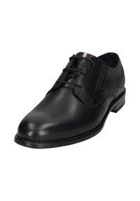 Schwarze Lederschuhe mit glatter Oberfläche, runder Zehenform und Schnürdesign. Verfügt über einen kontrastierenden strukturierten Absatz und subtile Akzentdetails.
