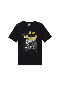 Zwarte katoenen t-shirt met een witte en gele graphic print met tekst en een smiley-gezicht ontwerp. Korte mouwen, casual pasvorm.